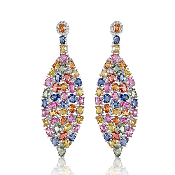 Multi Sapphire with Diamond Oval Earrings  Multi Sapphire: 24.10 ct Diamond: 0.43 ct Silver with Rhodium Plated: 13.70 grams Gold Post: 0.16 grams