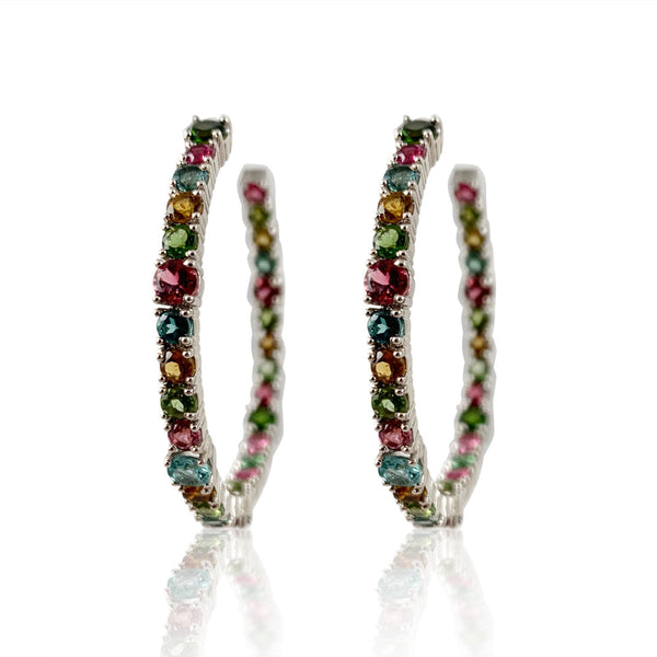 This pair of earrings are perfect for special occasions, this design gives the piece a feminine touch.  Tourmaline: 18.20 ct Silver with Rhodium Plated weight: 11.60 grams