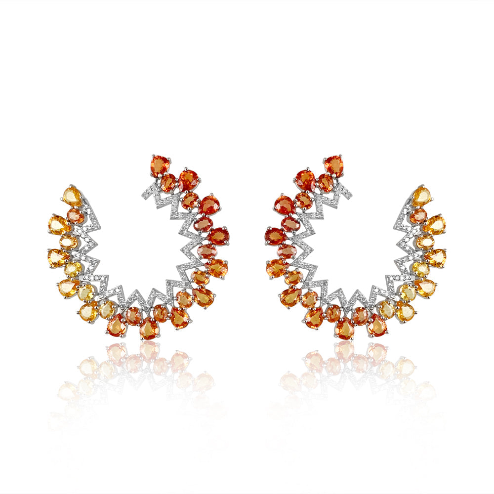 Orange Sapphire Ombre Hoops  Diamond total weight: 0.87 ct Orange Sapphire: 15.33 ct Silver with Rhodium Plated weight: 9.29 grams