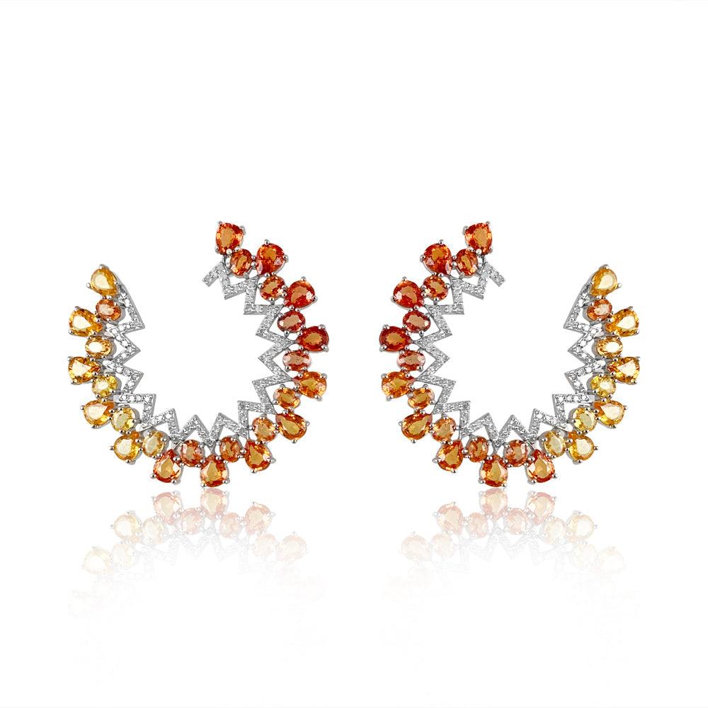 Orange Sapphire Ombre Hoops  Diamond total weight: 0.87 ct Orange Sapphire: 15.33 ct Silver with Rhodium Plated weight: 9.29 grams