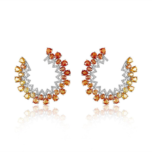 Orange Sapphire Ombre Hoops  Diamond total weight: 0.87 ct Orange Sapphire: 15.33 ct Silver with Rhodium Plated weight: 9.29 grams