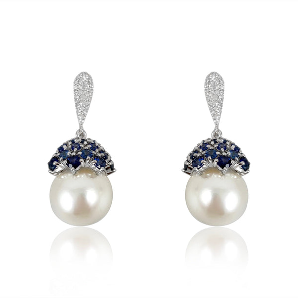 Pearl, Blue Sapphire Cap & Diamonds Earrings  Diamond: 0.35 ct Blue Sapphire:4.5 ct Pearl: 34.13 ct Silver with Rhodium Plated weight: 5.7 grams