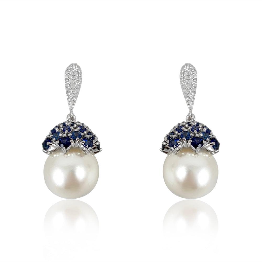 Pearl, Blue Sapphire Cap & Diamonds Earrings  Diamond: 0.35 ct Blue Sapphire:4.5 ct Pearl: 34.13 ct Silver with Rhodium Plated weight: 5.7 grams