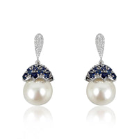 Pearl, Blue Sapphire Cap & Diamonds Earrings  Diamond: 0.35 ct Blue Sapphire:4.5 ct Pearl: 34.13 ct Silver with Rhodium Plated weight: 5.7 grams
