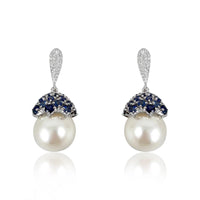 Pearl, Blue Sapphire Cap & Diamonds Earrings  Diamond: 0.35 ct Blue Sapphire:4.5 ct Pearl: 34.13 ct Silver with Rhodium Plated weight: 5.7 grams