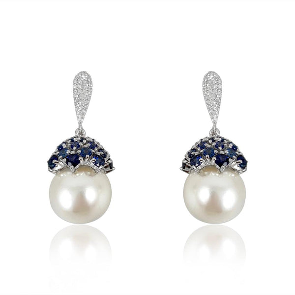 Pearl, Blue Sapphire Cap & Diamonds Earrings  Diamond: 0.35 ct Blue Sapphire:4.5 ct Pearl: 34.13 ct Silver with Rhodium Plated weight: 5.7 grams