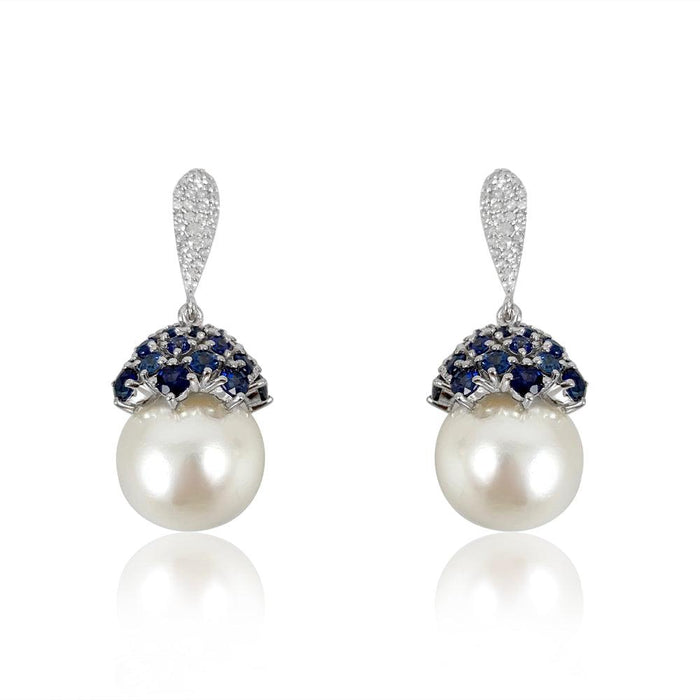 Pearl, Blue Sapphire Cap & Diamonds Earrings  Diamond: 0.35 ct Blue Sapphire:4.5 ct Pearl: 34.13 ct Silver with Rhodium Plated weight: 5.7 grams