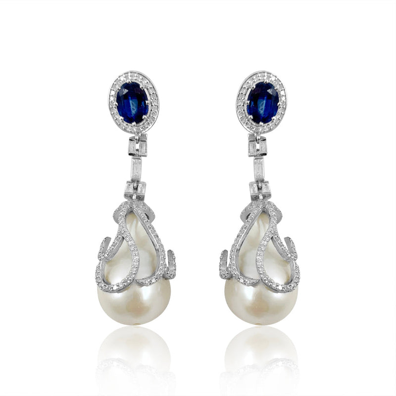 Pearl, Kyanite & Diamonds Earrings  Diamond: 1.77 ct Diamond Baguettes: 0.9 ct Pearl: 56.36 ct Kyanite: 4.65 ct Silver with Rhodium Plated weight: 8.3 grams