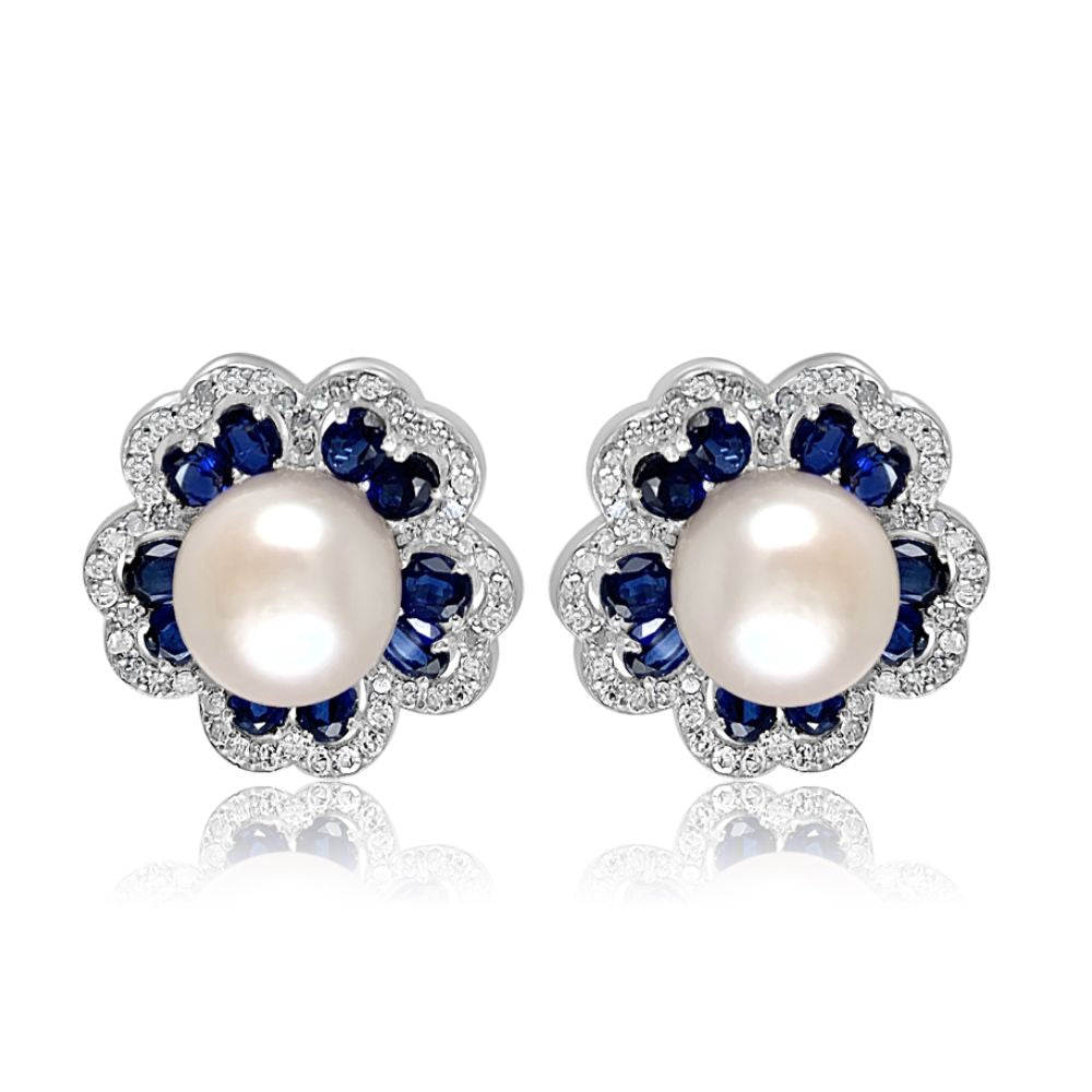 Pearl with Kyanite & Diamond Flower Earrings