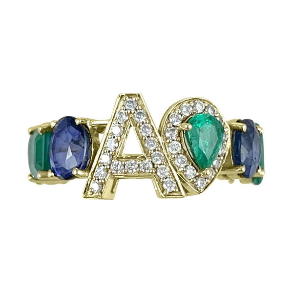 14K Yellow Gold Ring with Emerald, Sapphire  and Diamonds personalized in letter "A"   14K Yellow Gold weight: 3.29 grams Emerald: 2.81 ct Sapphire: 3.26 ct Diamond total weight: 0.28 ct 