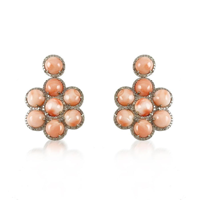 Pink Coral & Diamond Earrings  Diamond: 2.56 ct Pink Coral: 33.31 ct Silver with Rhodium Plated weight: 10.69 grams