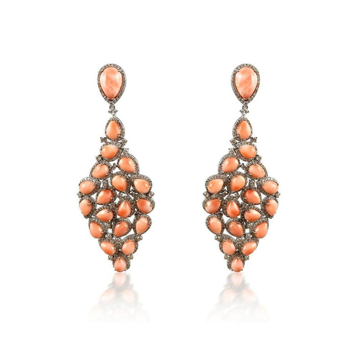 Pink Coral & Diamond Long Silver Earrings