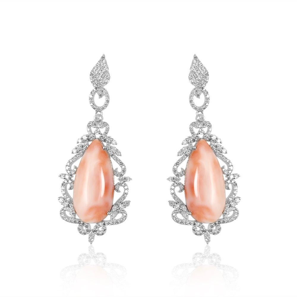 Elegant & feminine pair of earrings perfect for special occasions.  Diamonds: 2.39 ct Pink Coral: 2.39 ct Silver with Rhodium Plated weight: 9.0 grams Gold Post: 0.18 grams