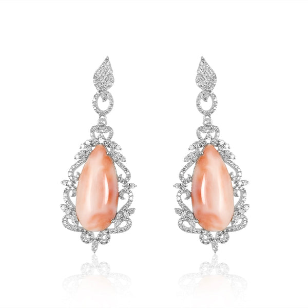 Elegant & feminine pair of earrings perfect for special occasions.  Diamonds: 2.39 ct Pink Coral: 2.39 ct Silver with Rhodium Plated weight: 9.0 grams Gold Post: 0.18 grams