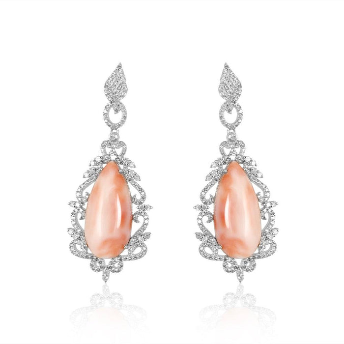 Elegant & feminine pair of earrings perfect for special occasions.  Diamonds: 2.39 ct Pink Coral: 2.39 ct Silver with Rhodium Plated weight: 9.0 grams Gold Post: 0.18 grams