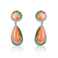 This pair of earrings are perfect for special occasions, this design gives the piece a feminine touch.  Diamond total weight: 1.15 ct Tsavorite: 1.55 ct Pink Coral: 16.80 ct Silver with Rhodium Plated weight: 5.42 grams