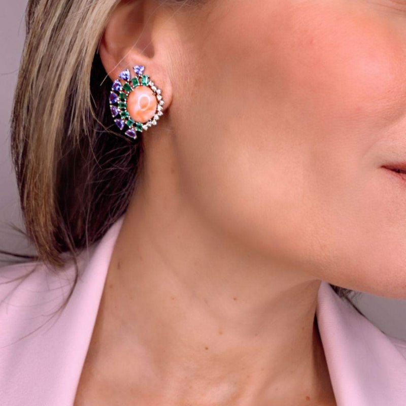 Pink Coral with Emerald & Tanzanite Stud Earrings