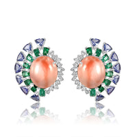 Pink Coral with Emerald & Tanzanite Stud Earrings
