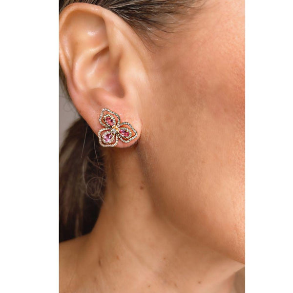 Aretes flor de zafiro rosa y diamantes