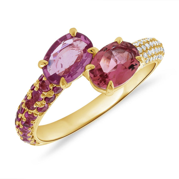Pink Sapphire & Tourmaline Together with Diamonds on a 14K Yellow Gold Ring.  Yellow Gold weight: 3.78 grams 22 Pink Sapphire: 1.20 ct 1 Pink Tourmaline: 0.78 73 SC: 0.24 ct