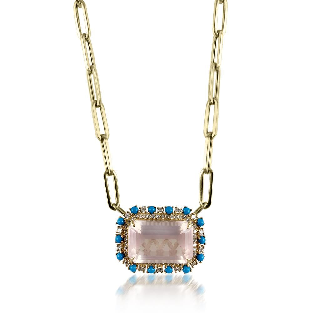 Rose Quartz & Turquoise Pendant with Paperclip Necklace