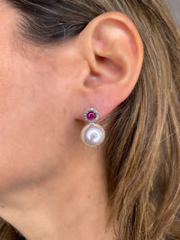 Ruby Round & Diamonds with Pearl Earring Studs