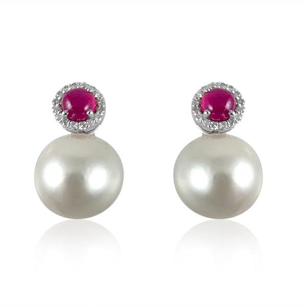Ruby Round & Pearl Studs  Diamond: 0.35 ct Pearl: 37.2 ct Ruby: 2.13 ct Silver with Rhodium Plated weight: 2.6 grams