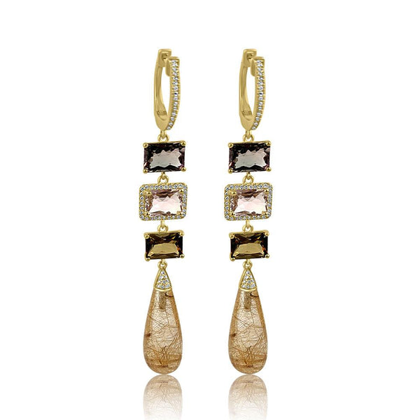Rutilated Quartz Tourmaline Diamond Earring in 14K Yellow Gold