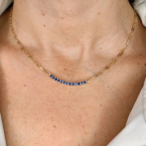 Sapphire with Paperclip 14K Yellow Gold Necklace