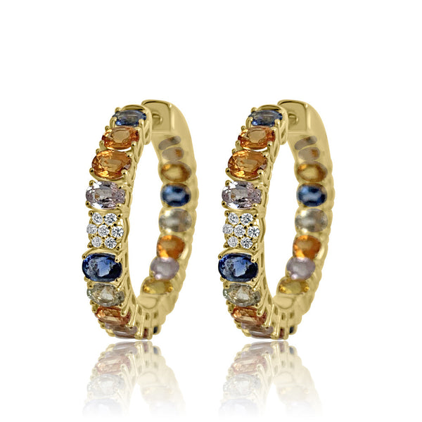 Elegant and modern 14K Yellow Gold Sapphires with Diamond hoop earrings.  14K Yellow Gold weight: 8.29 grams 14 Diamonds: 0.11 ct 32 Multicolor Sapphires: 7.68 ct Gold Post 