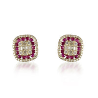   Square Design Ruby with Diamond on earrings for subtle beauty  Diamond: 0.46 ct Ruby: 0.73 ct 14K Yellow Gold weight: 2.84 grams Gold Post Back Closure