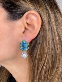 Swiss Blue Topaz, Tsavorite, Pearls & Diamond Earrings