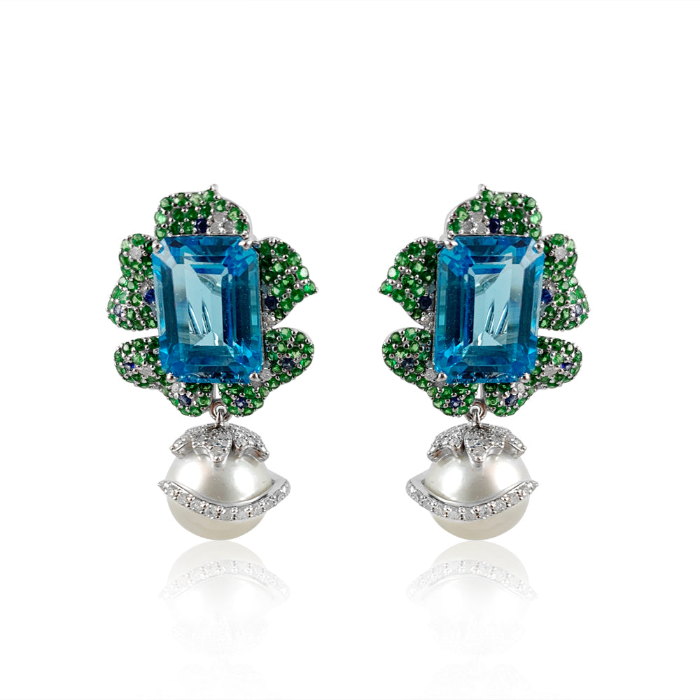 Swiss Blue Topaz, Tsavorite, Pearls & Diamond Earrings  Diamond: 1.00 ct Pearl: 17.63 ct Blue Topaz:16.46 ct Tsavorite: 2.04 ct Silver with Rhodium Plated weight: 6.45 grams