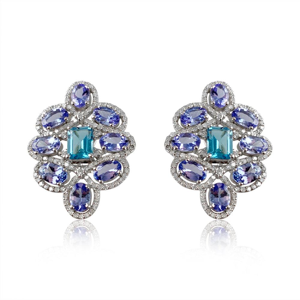 Swiss Blue Topaz & Tanzanite Post Earrings  Diamond: 1.39 ct Swiss Blue Topaz: 2.47 ct Tanzanite: 7.25 ct Silver with Rhodium Plated weight: 7.80 grams