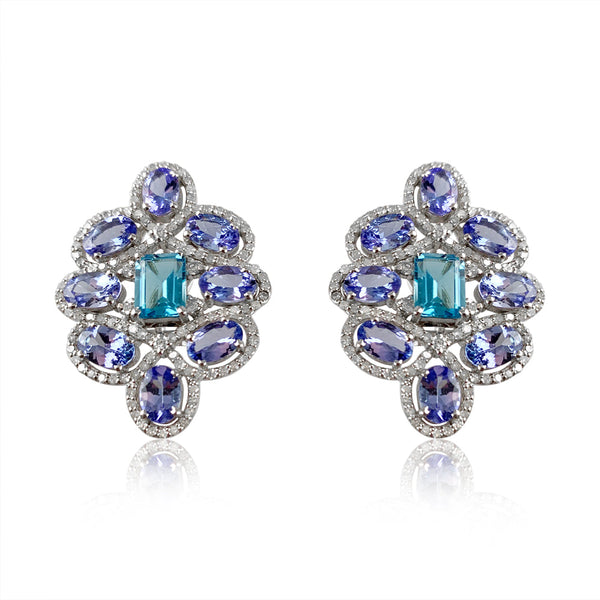 Swiss Blue Topaz & Tanzanite Post Earrings  Diamond: 1.39 ct Swiss Blue Topaz: 2.47 ct Tanzanite: 7.25 ct Silver with Rhodium Plated weight: 7.80 grams