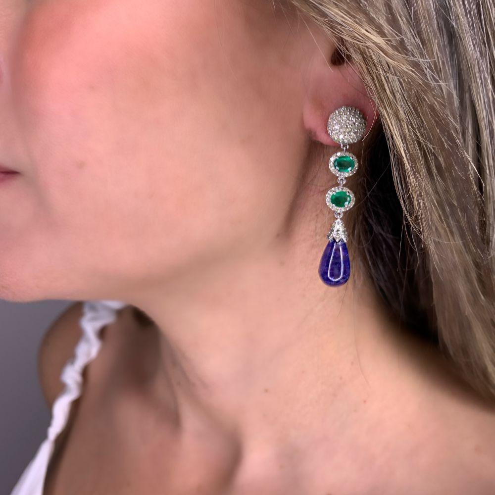 Tanzanite Drop with Emerald & Diamond Long Earrings