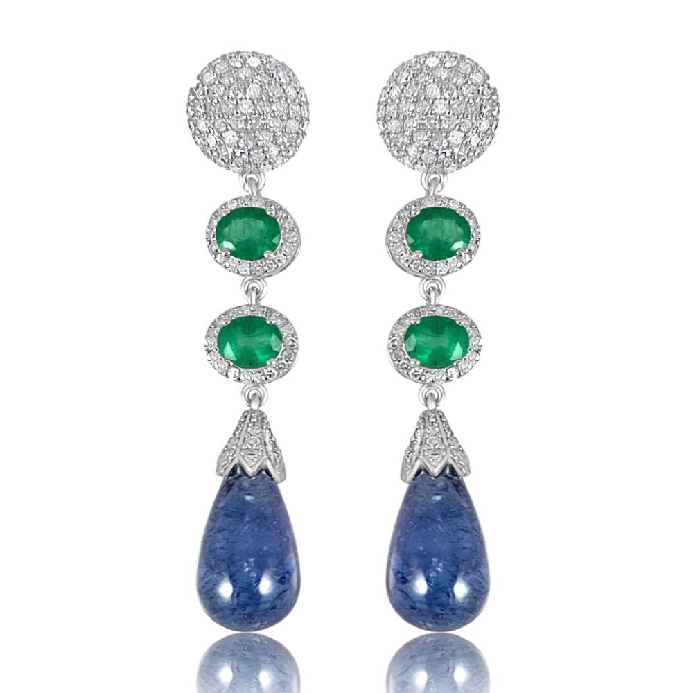 Tanzanite Drop with Emerald & Diamond Long Earrings