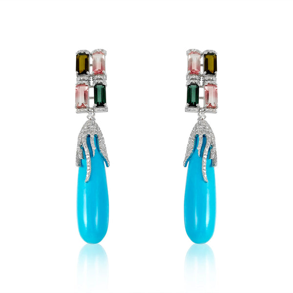 Turquoise Drop & Tourmaline Earrings  Diamond: 2.11 ct Sleeping Beauty Turquoise: 47.17  Tourmaline: 7.05 ct Silver with Rhodium Plated weight: 6.74 grams