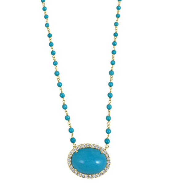Turquoise & Diamonds Oval Pendant Necklace in 18K Gold