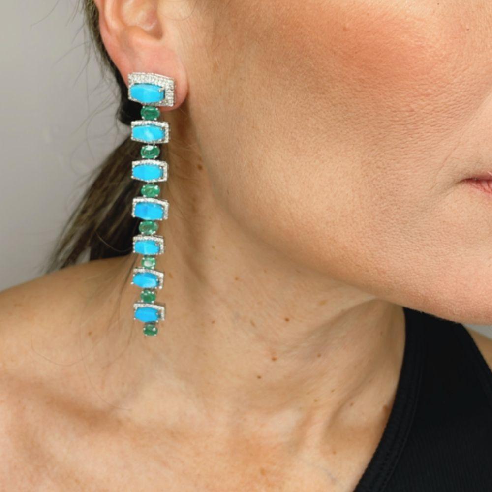 Turquoise & Emerald Fancy Cut Long  Earrings