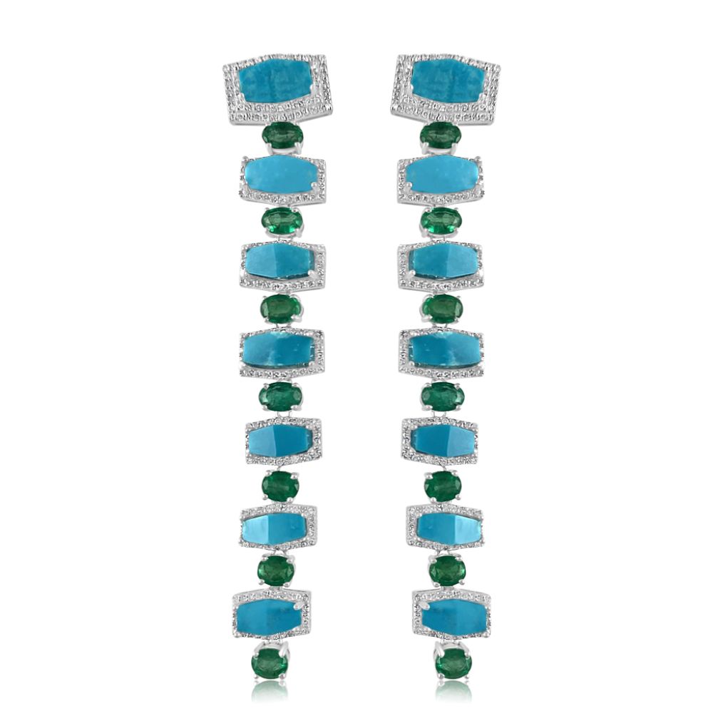 Turquoise & Emerald Fancy Cut Long  Earrings