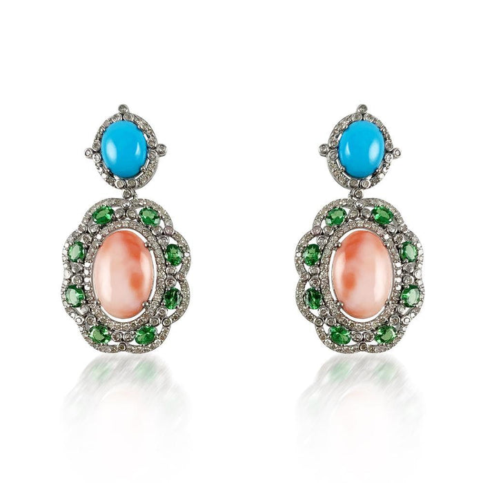 Pink Coral, Turquoise & Tsavorite Earrings - Adriana Fine Jewelry