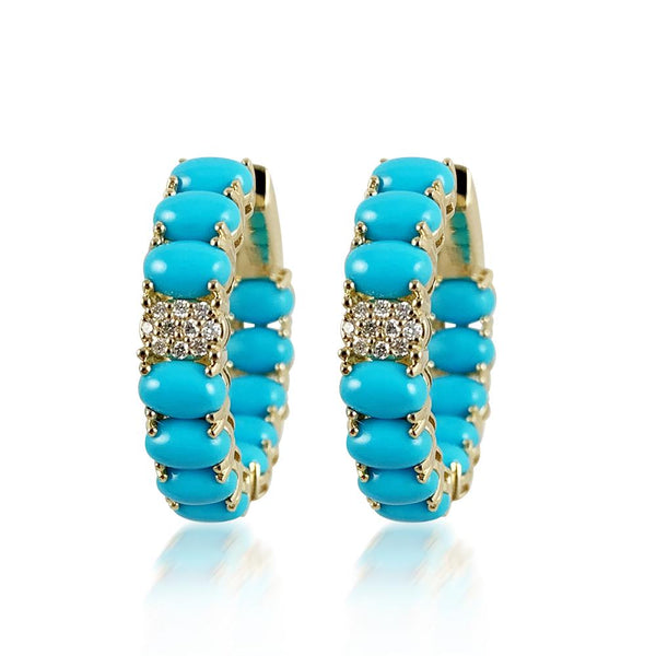 Turquoise Yellow & Diamond Hoops  20 Diamonds: 0.16 ct 24 Turquoise: 5.23 ct 14K Yellow Gold total weight: 9.04 grams 