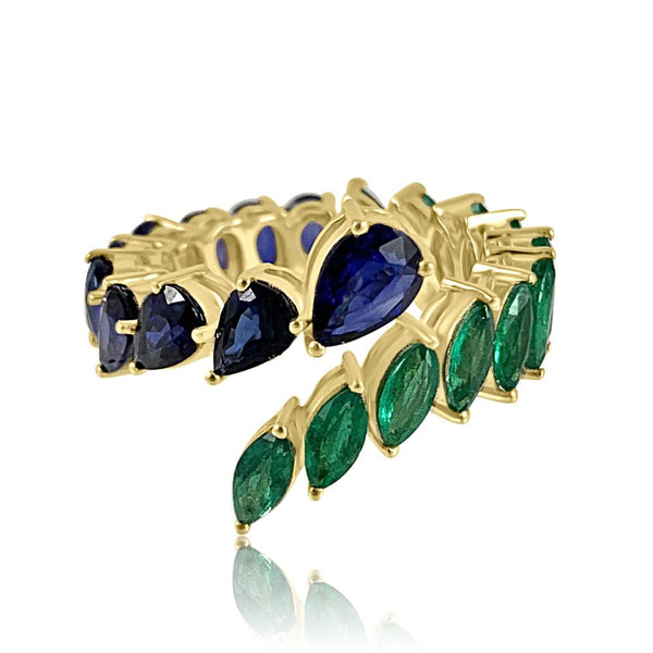 Emerald Marquise & Blue Sapphire Teardrop Ring  14K Yellow Gold weight: 4.03 grams Emerald: 2.04 ct Blue Sapphire: 3.7 ct