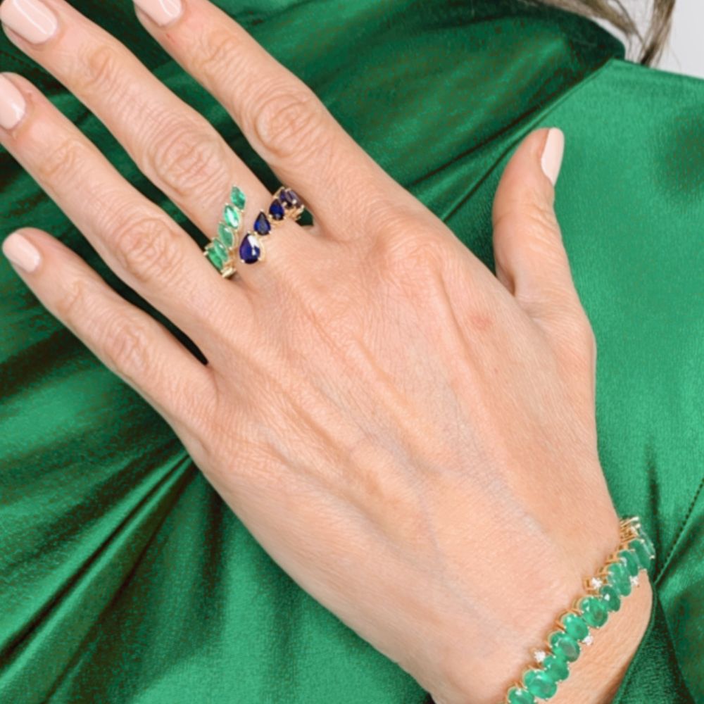 14K Yellow Gold Emerald Marquise & Blue Sapphire Teardrop Ring