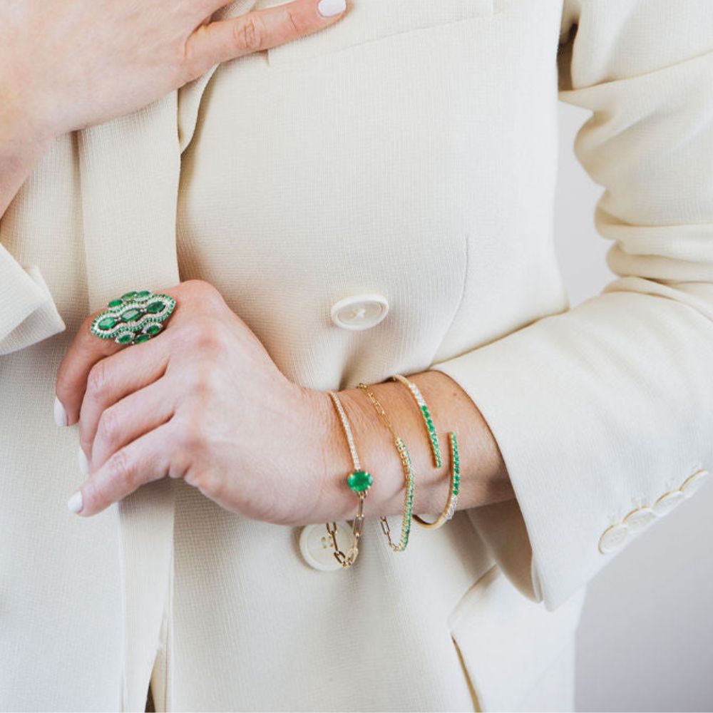 Half Paperclip & Half Diamond Bracelet with Oval Emerald