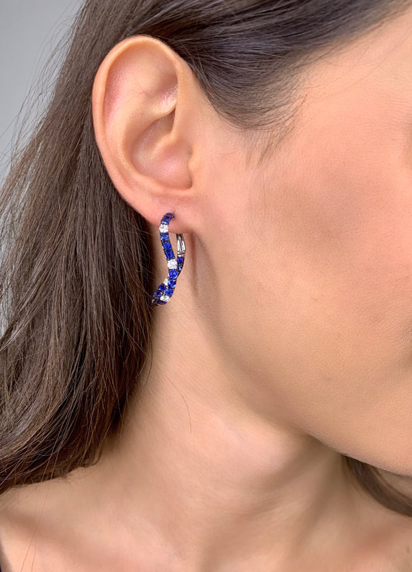 Wavy Sapphire & Diamond Hoops in 18K White Gold Earrings
