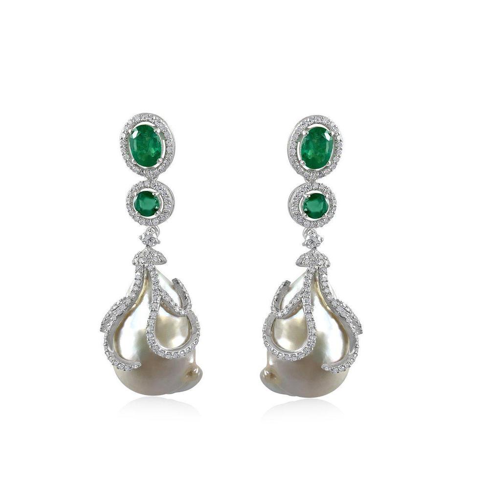 Barroque Pearls with Emerald and Diamonds Earrings