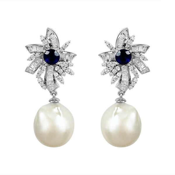 Flower Baguette Diamond & Blue Sapphire with Pearl Earrings
