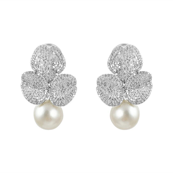 Full Pave Flower & Pearl Earrings